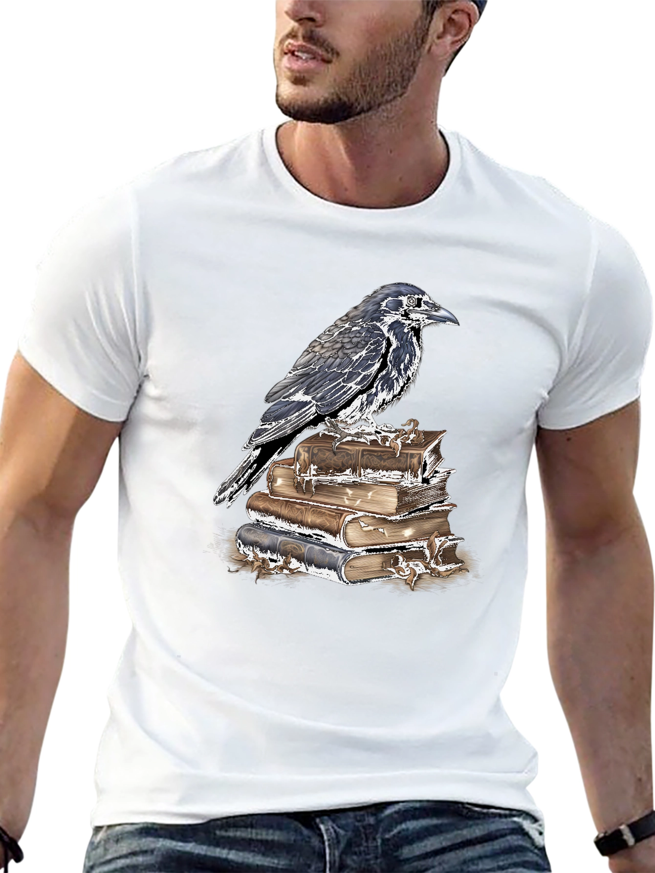 Raven on Books Graphic Tee - Dark Academia Style