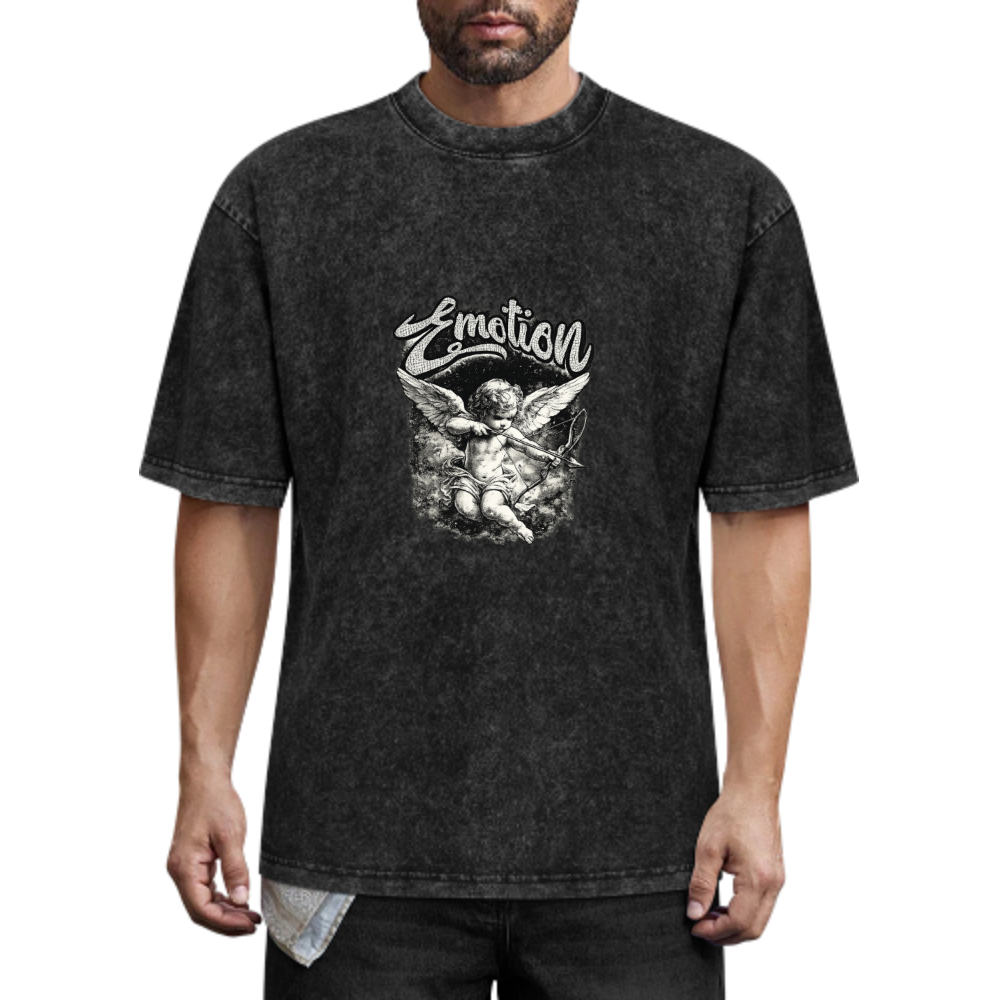 Emotion Angel Graphic Vintage Washed T-Shirt | Retro Cupid Streetwear Tee(z117)