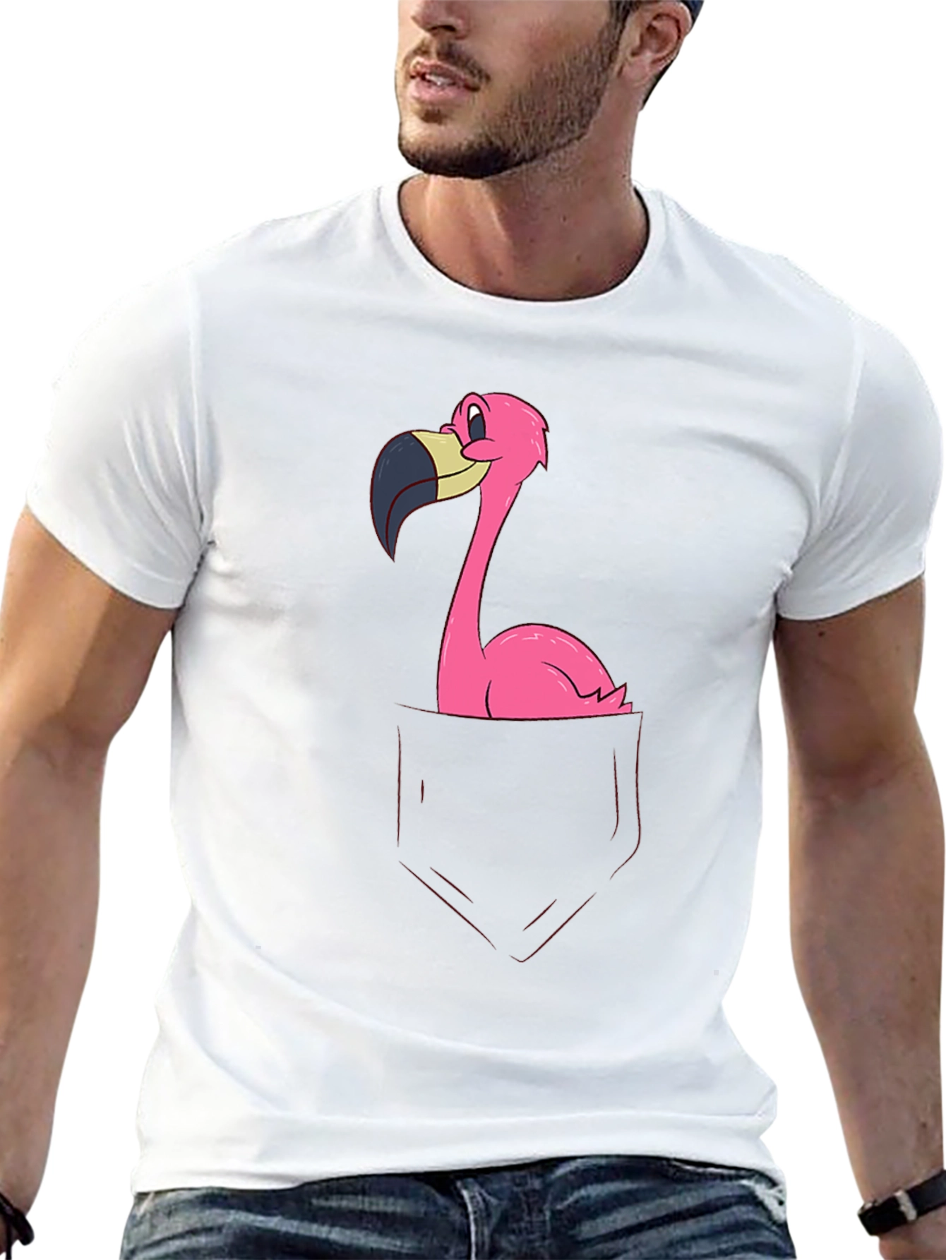 Funny Flamingo Pocket Graphic Tee - Soft Black Cotton