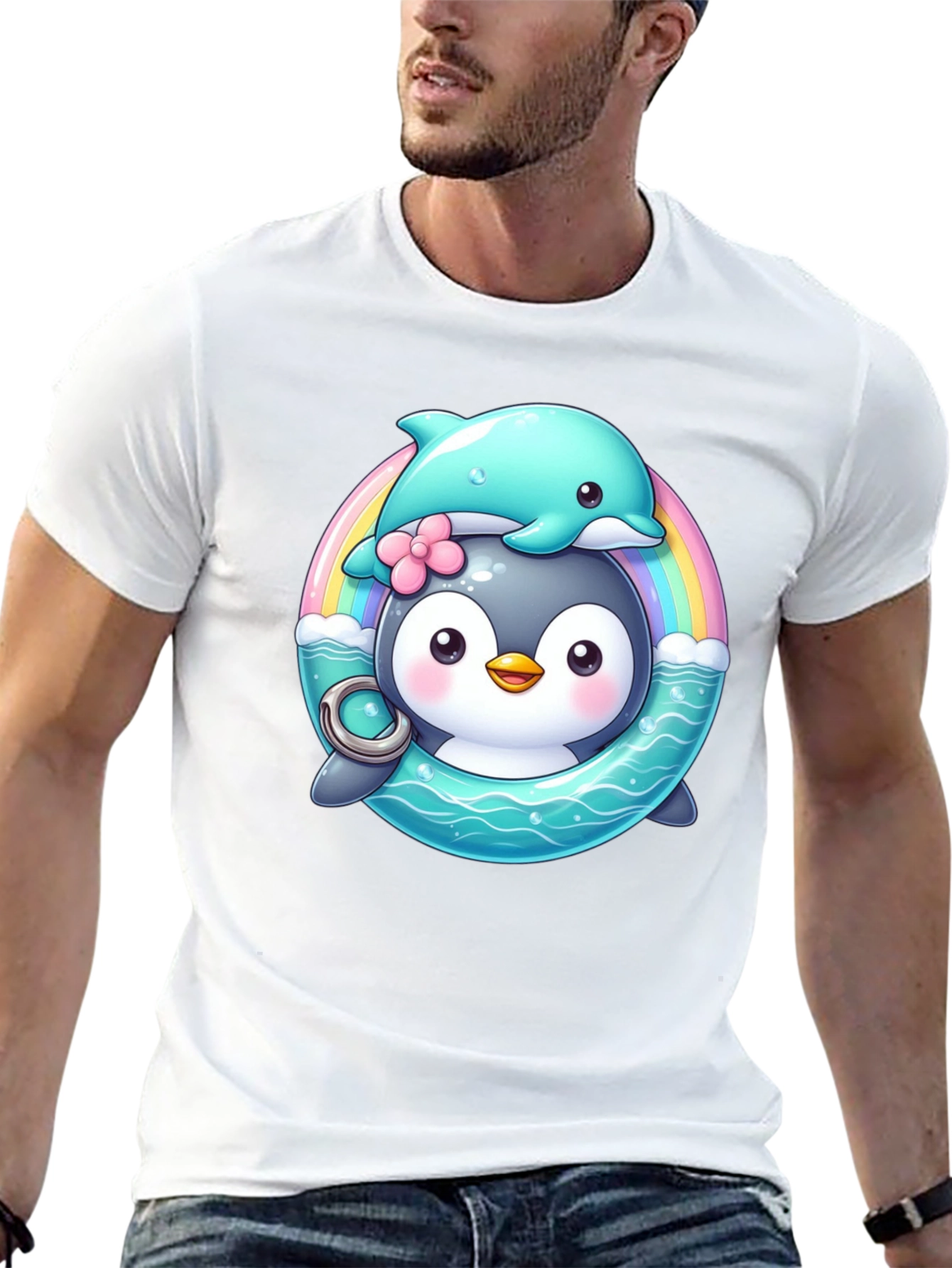 Penguin & Dolphin Graphic Tee - Cute Cartoon Design