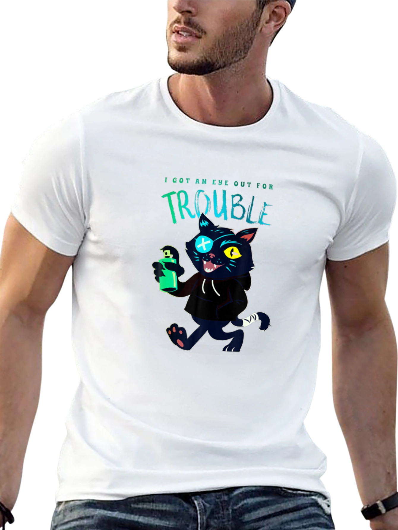 Trouble Cat Graphic T-Shirt - Black