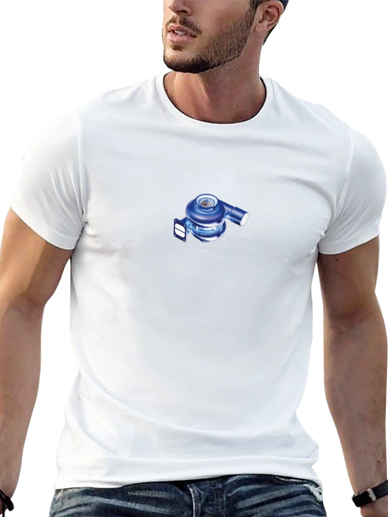 Black T-Shirt with Blue Turbocharger Design