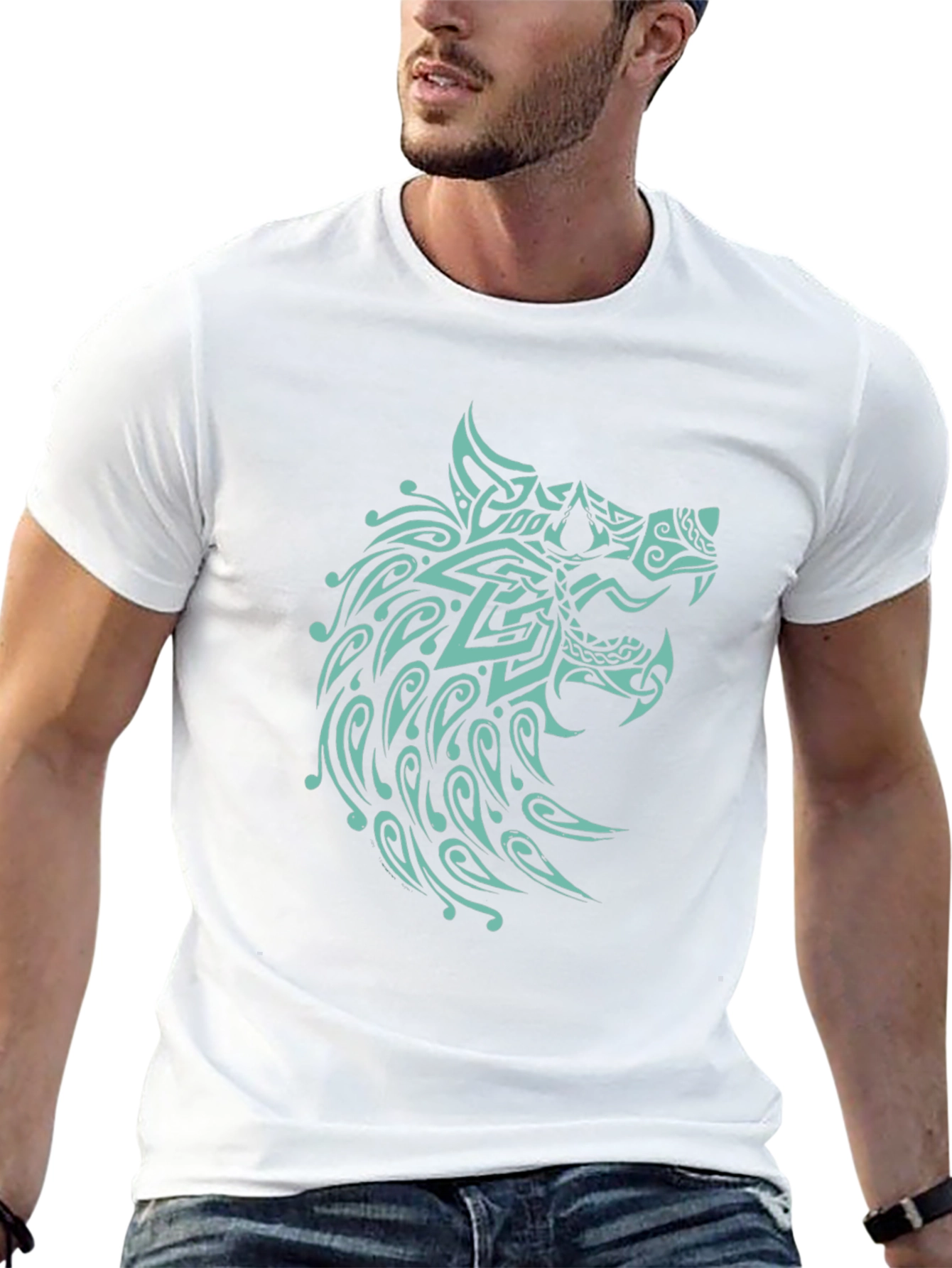 Black T-Shirt with Turquoise Wolf Design