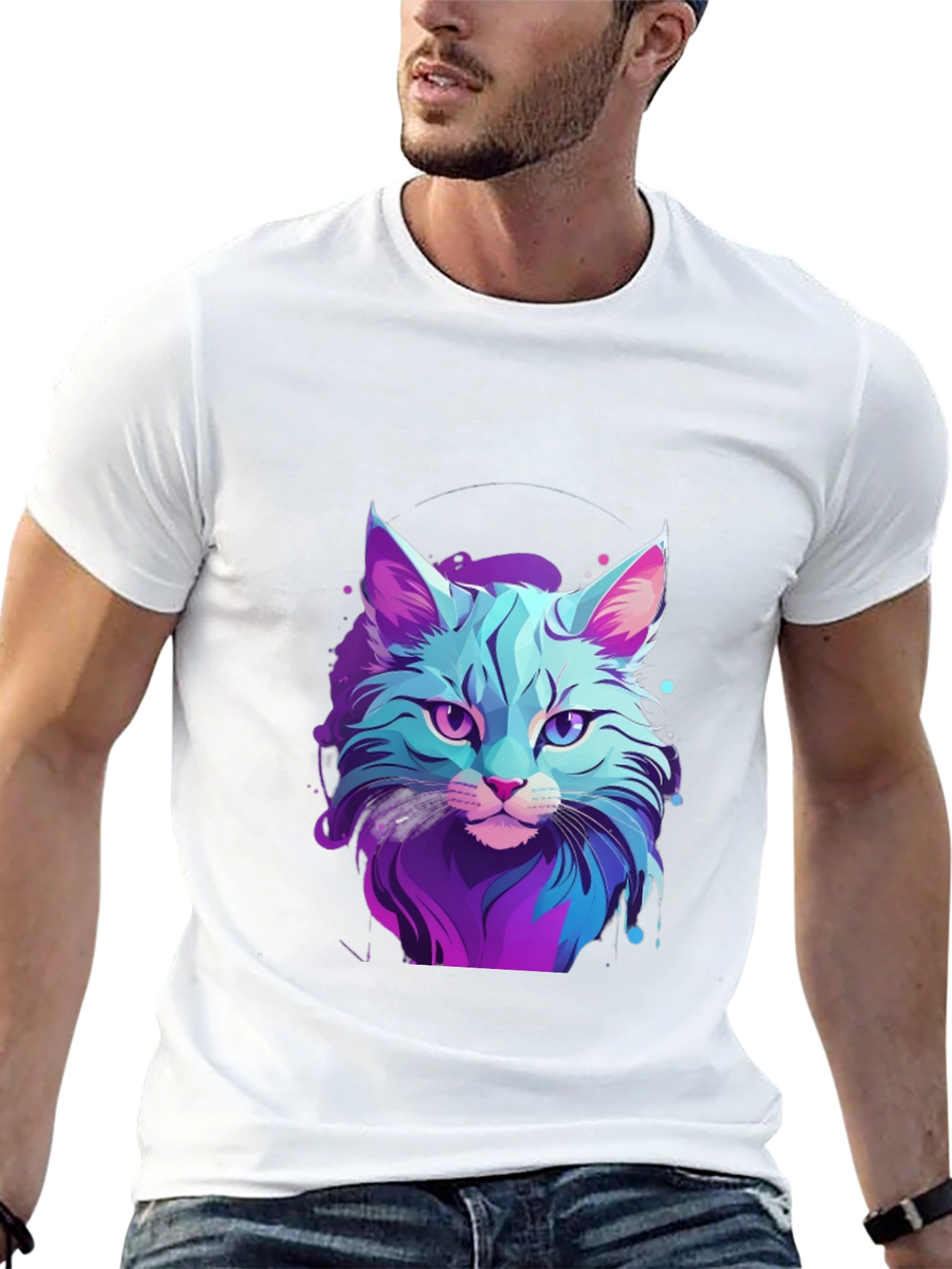 Neon Cat Graphic Tee - Stylish Mens Black T-Shirt