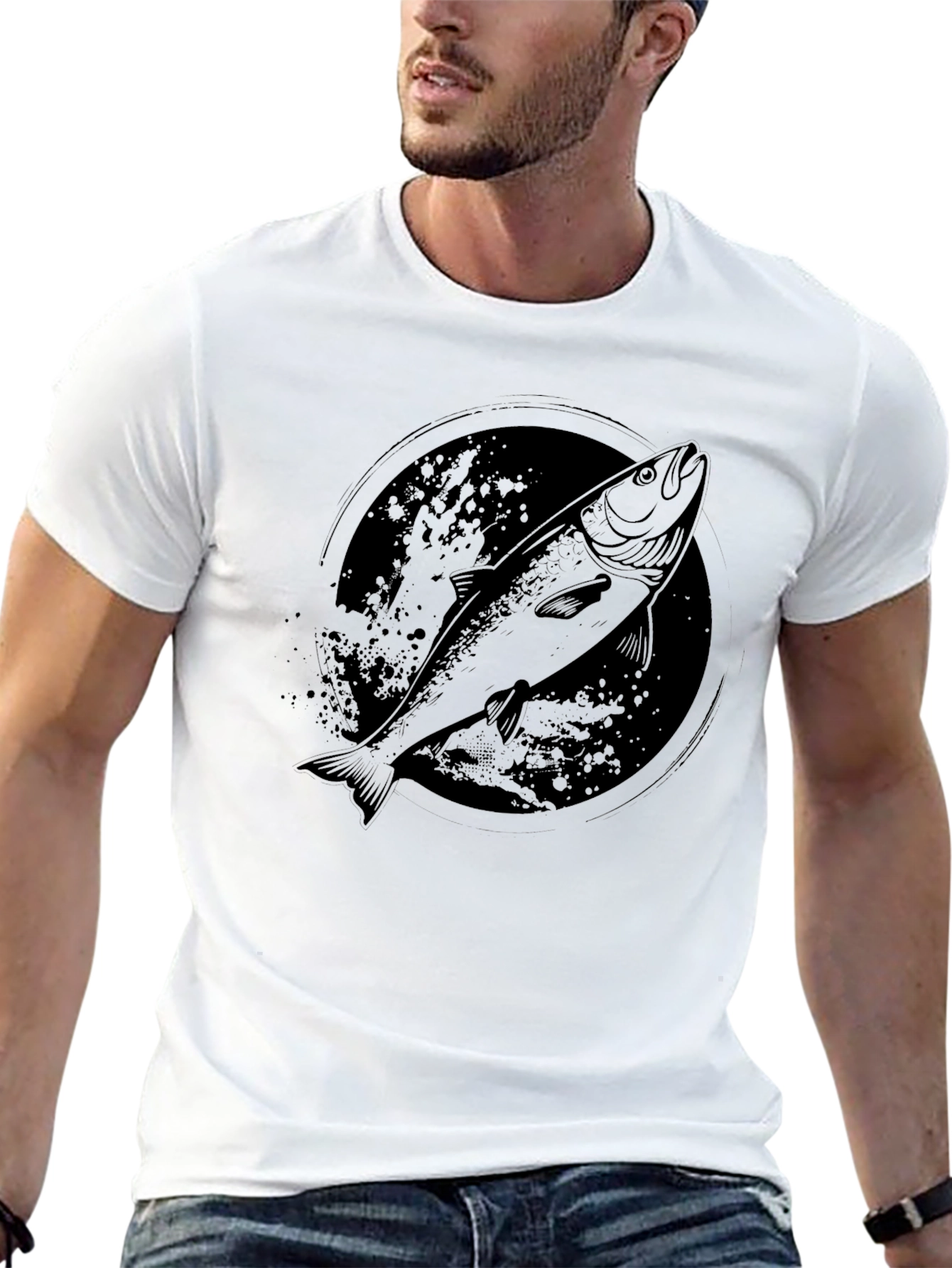 Mens Black Salmon Graphic T-Shirt