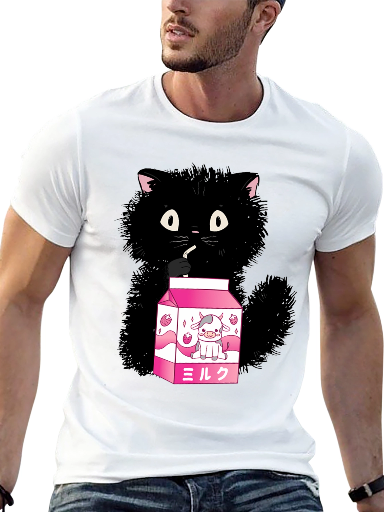 Cute Cat Drinking Milk T-Shirt - Kawaii Style