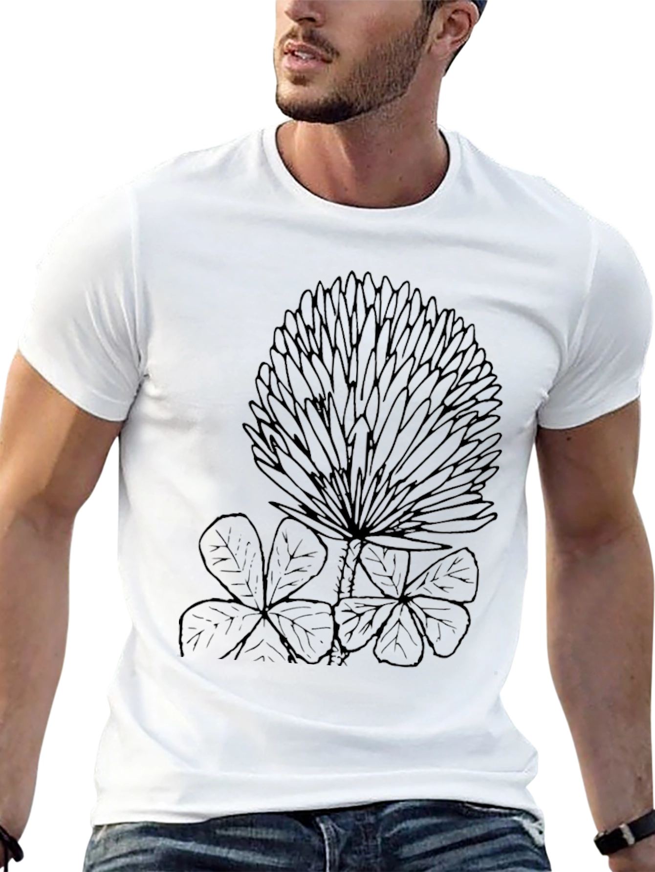Black T-Shirt with Clover and Floral Design