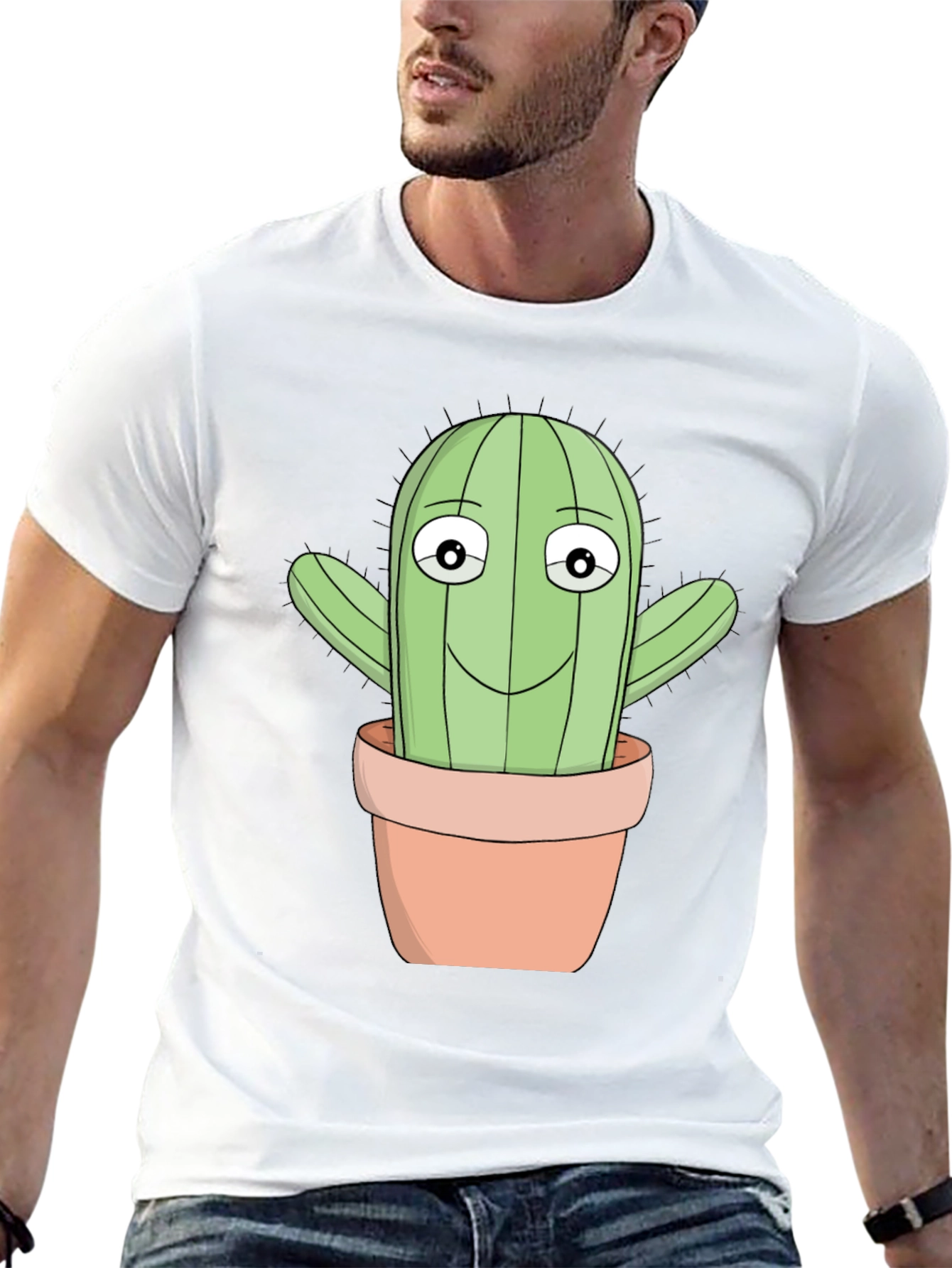 Cartoon Cactus T-Shirt - Black Cotton Blend