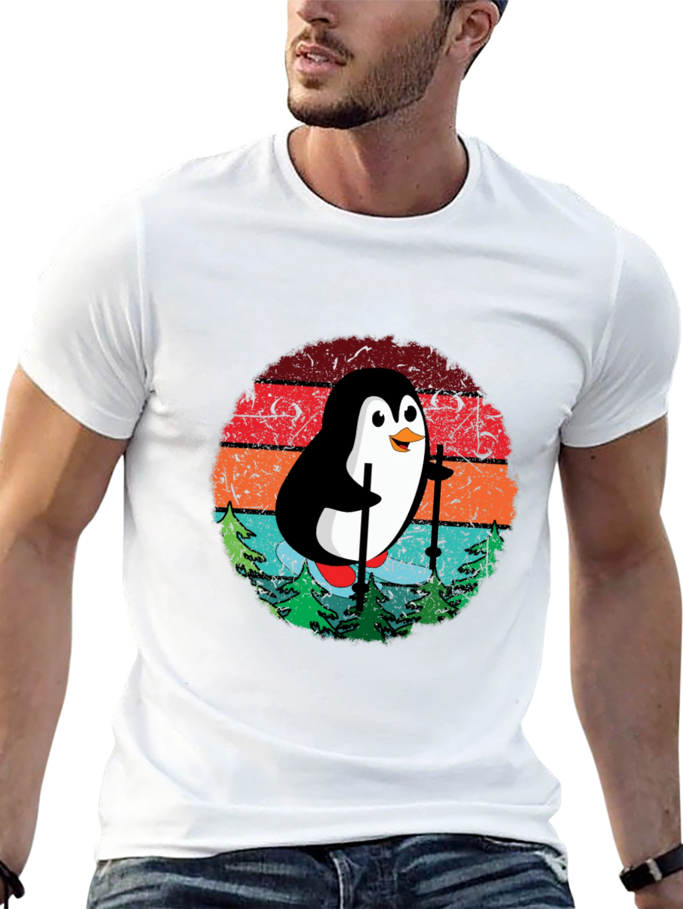 Skiing Penguin T-Shirt - Retro Style Black Tee