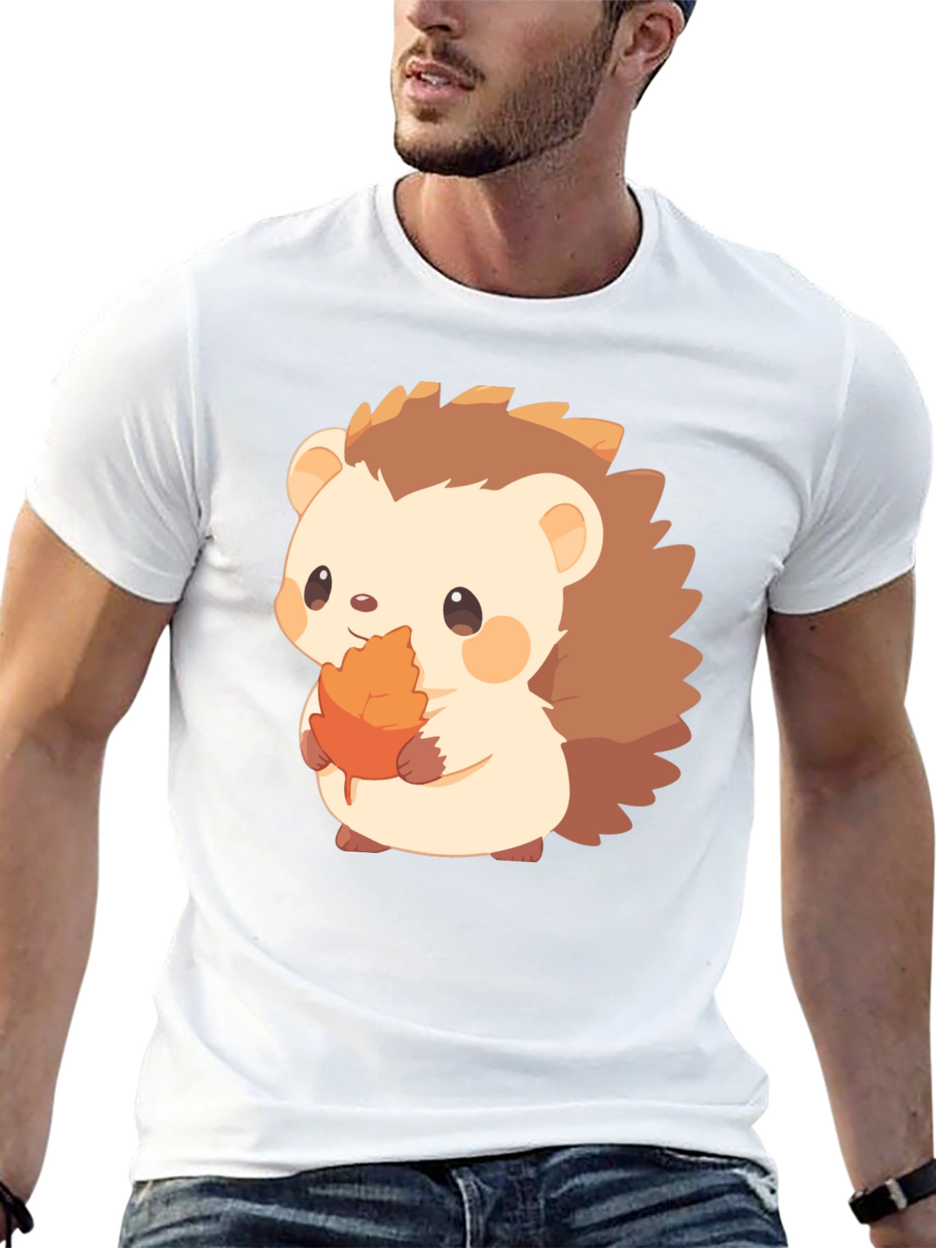 Cute Hedgehog Holding Leaf Graphic T-Shirt