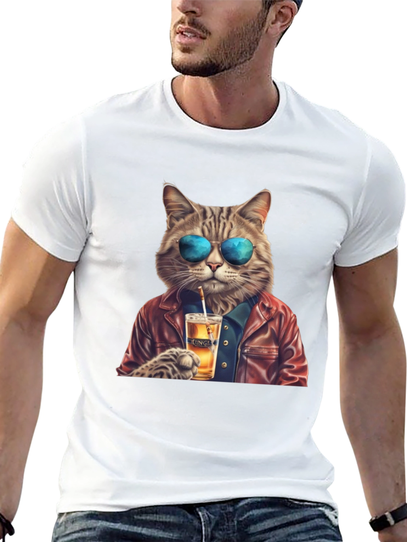 Cool Cat T-Shirt - Beer Drinking Cat with Sunglasses