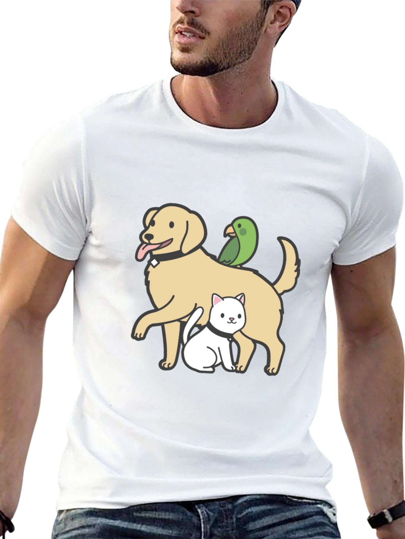 Dog Cat Parrot Cartoon Graphic Black T-Shirt