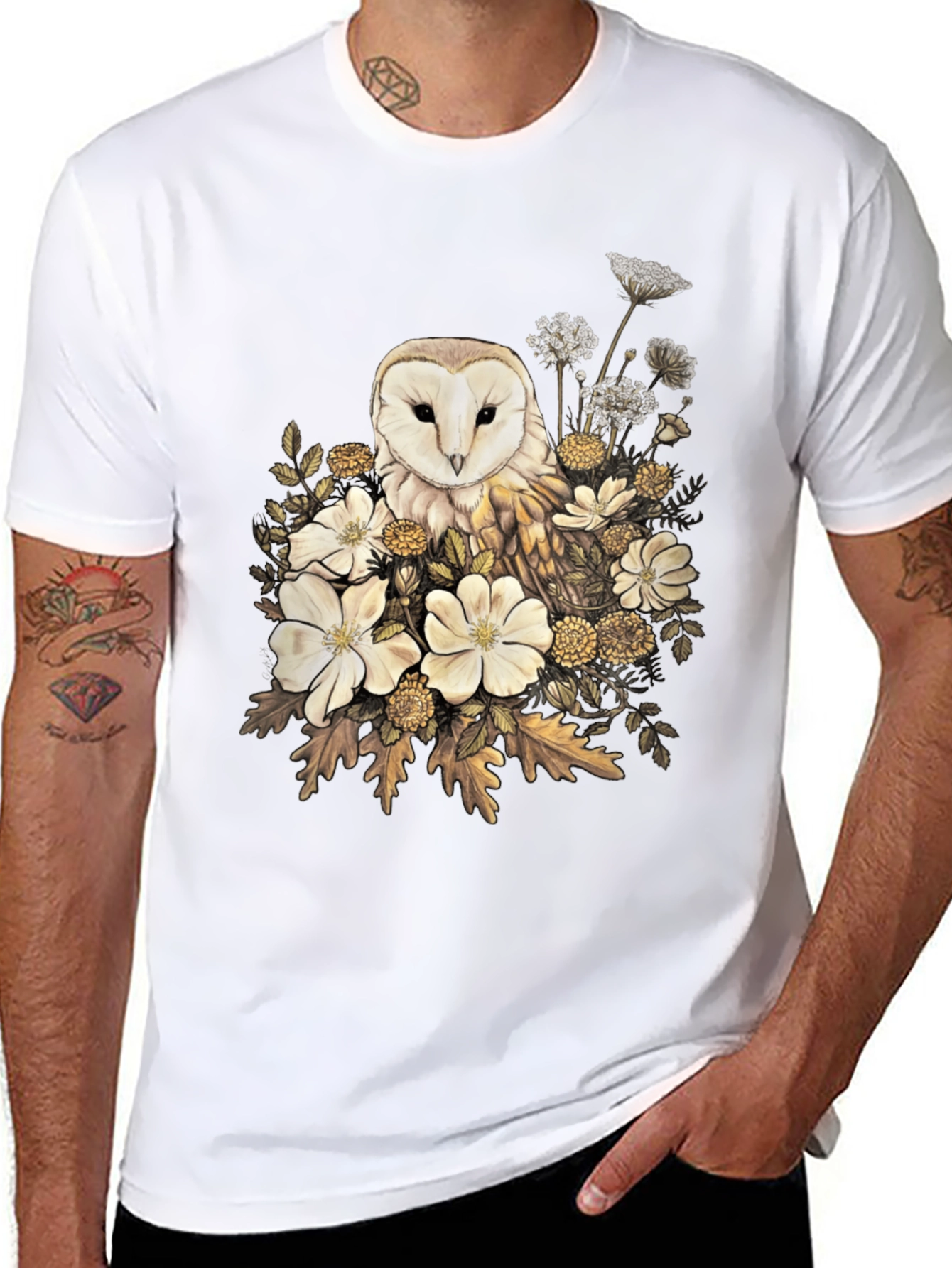 Owl and Floral Print T-Shirt
