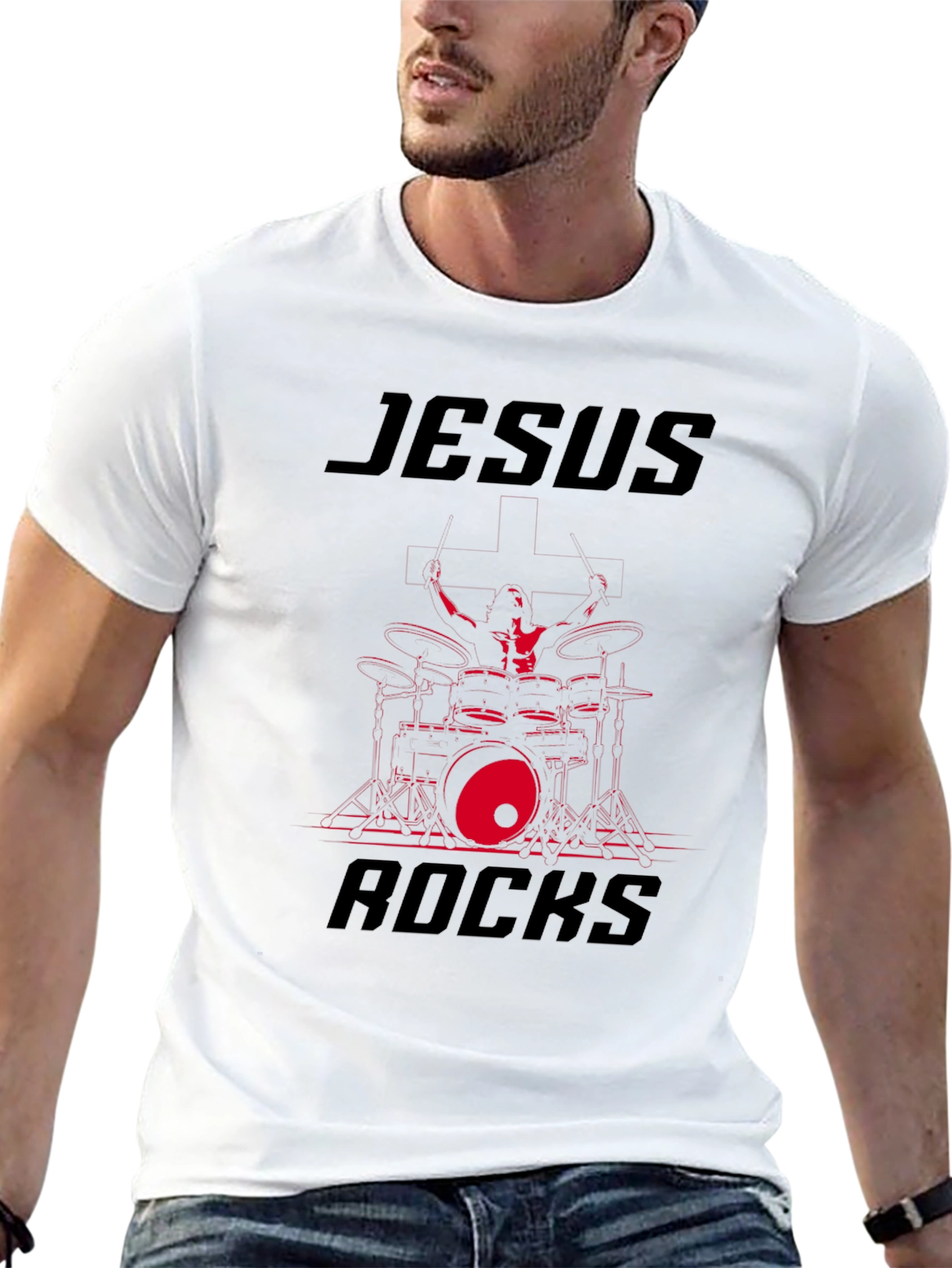 Jesus Rocks Drummer Graphic T-Shirt