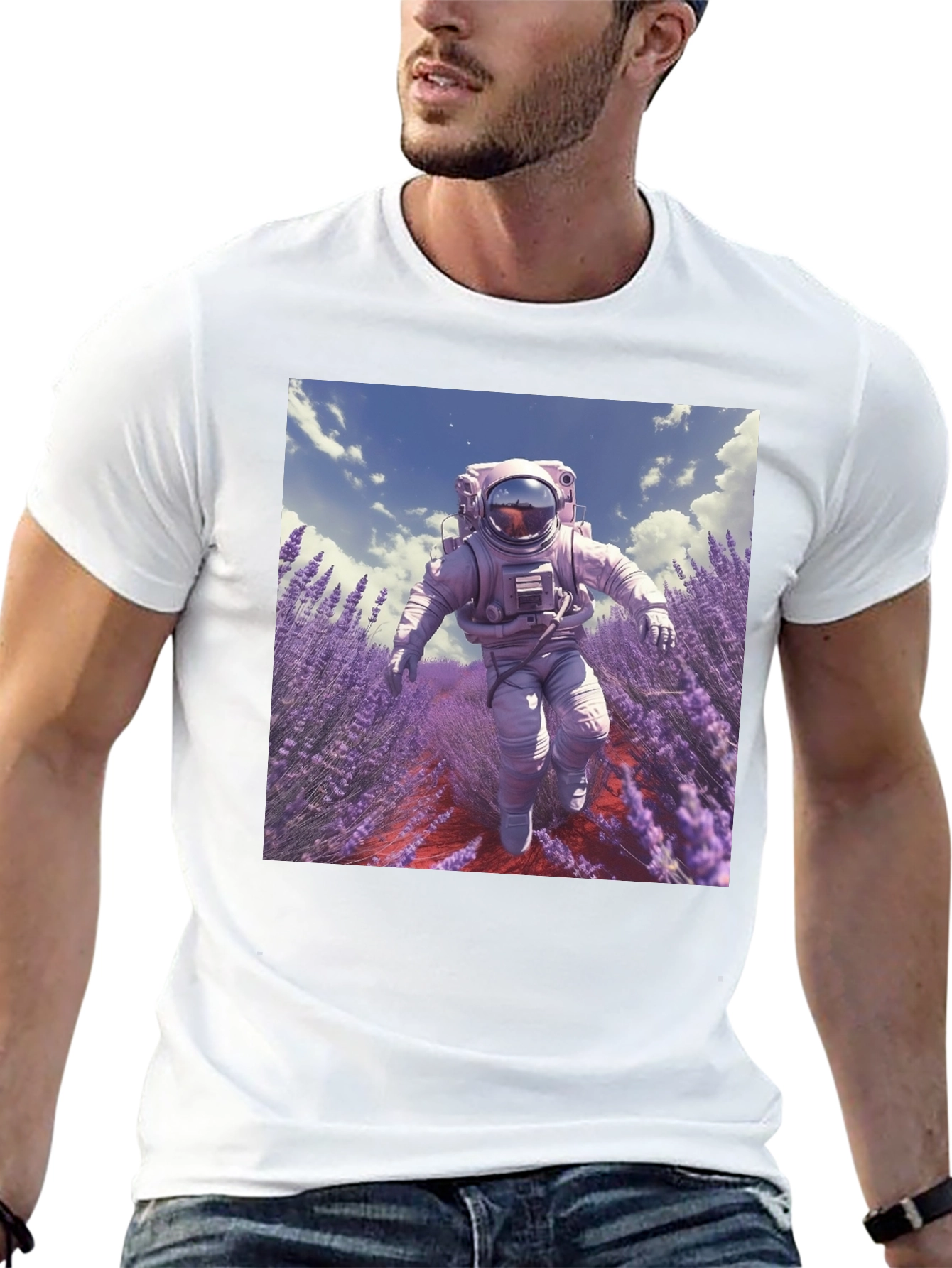 Astronaut Lavender Field T-Shirt - Unique Graphic Tee