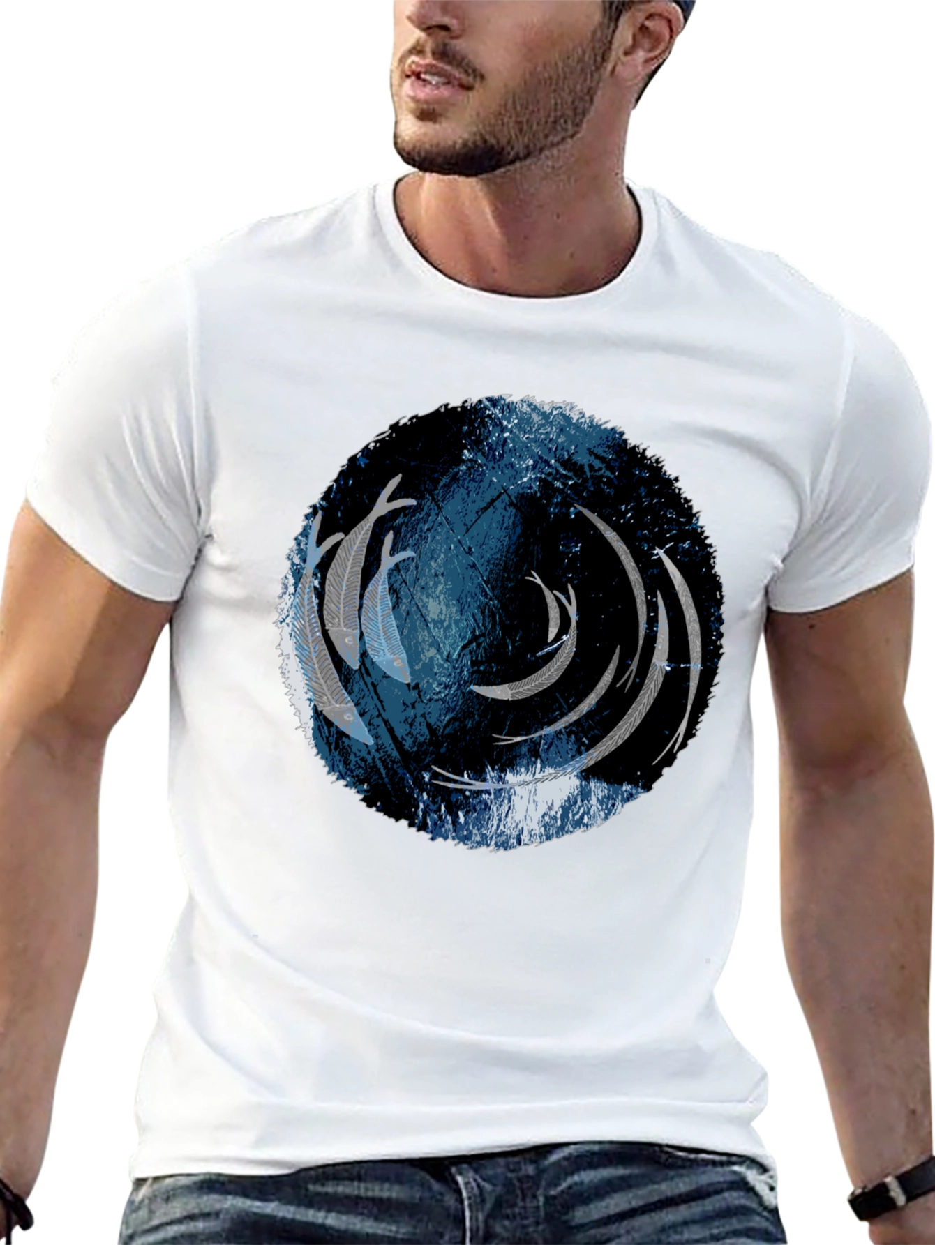 Unique Circle Fish Graphic Black T-Shirt