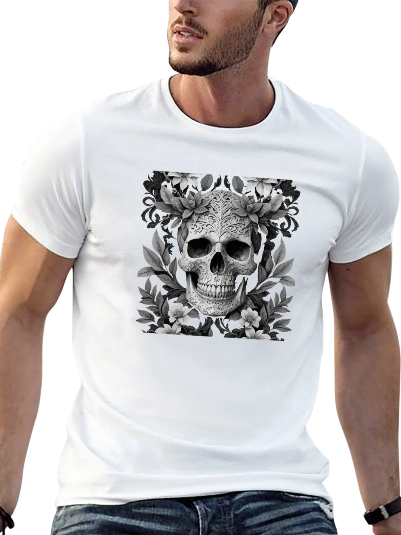 Floral Skull Graphic T-Shirt - Black