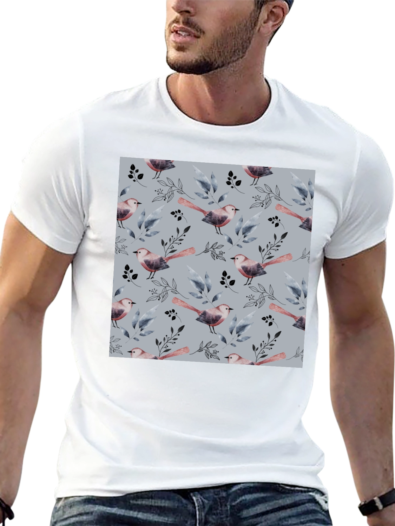 Bird and Branch Pattern Black Crew Neck T-Shirt