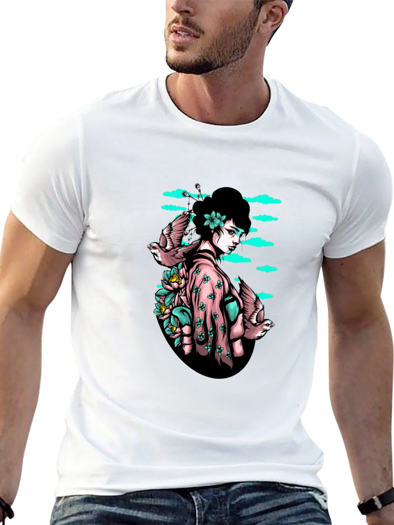 Geisha & Birds Graphic Tee - Unique Black T-Shirt
