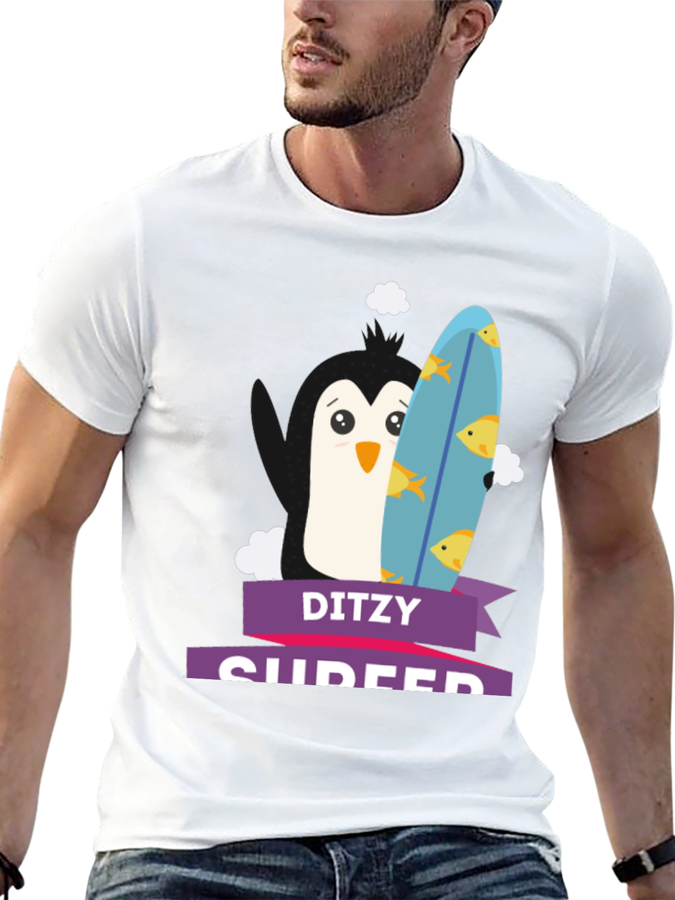 Dizty Surfer Penguin T-Shirt - Cartoon Animal Tee