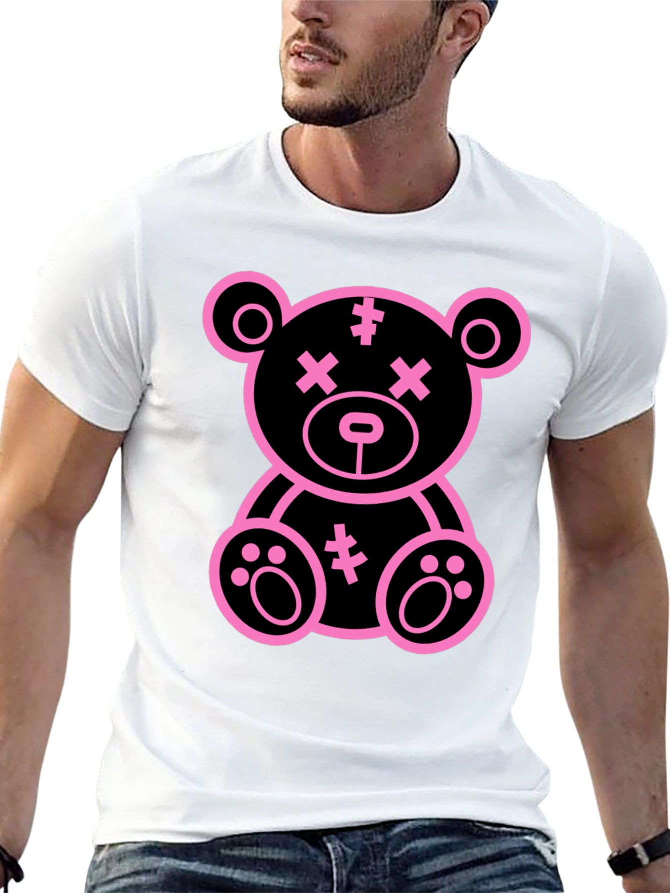 Cool Pink Teddy Bear Graphic Black T-Shirt