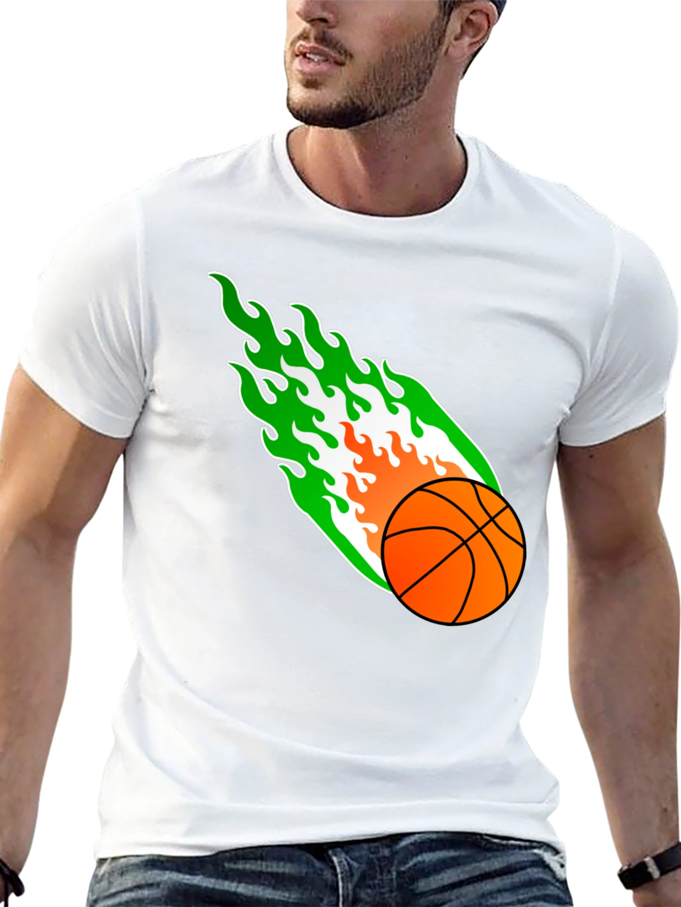 Flaming Basketball Graphic Tee - Black Cotton Shirt