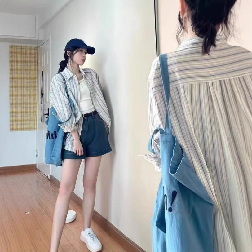 Blue Striped Shirt  Women's Long Sleeve Design Sense Unique Small Size Women's Top