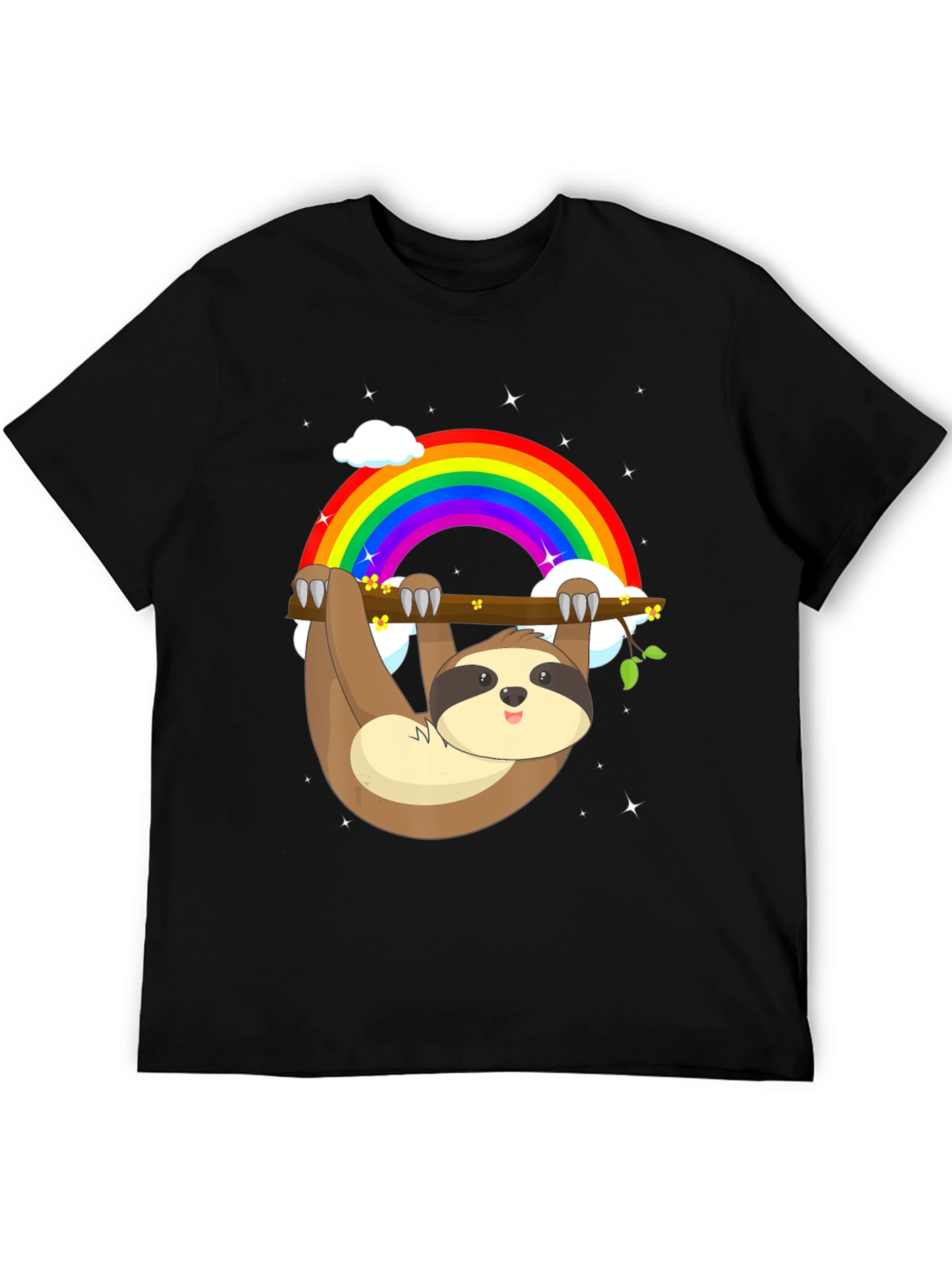 Sloth Rainbow Graphic Tee - Mens Black Cotton T-Shirt