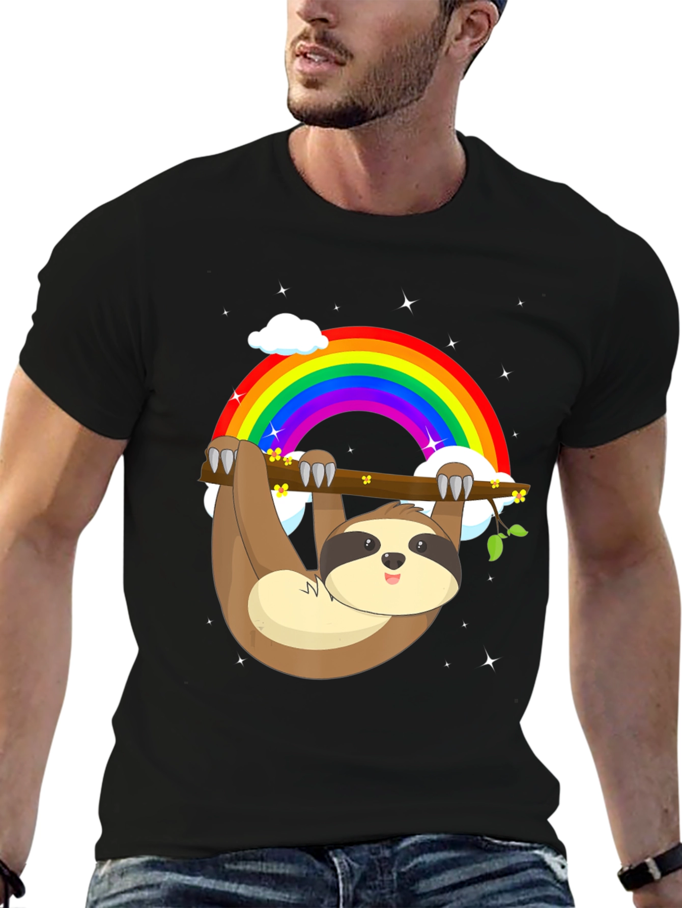 Sloth Rainbow Graphic Tee - Mens Black Cotton T-Shirt