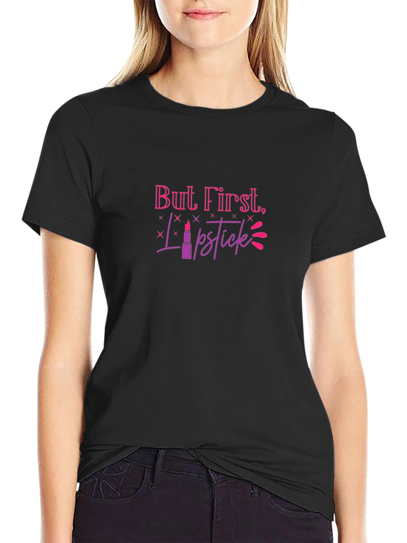 But First Lipstick Graphic Tee - Black