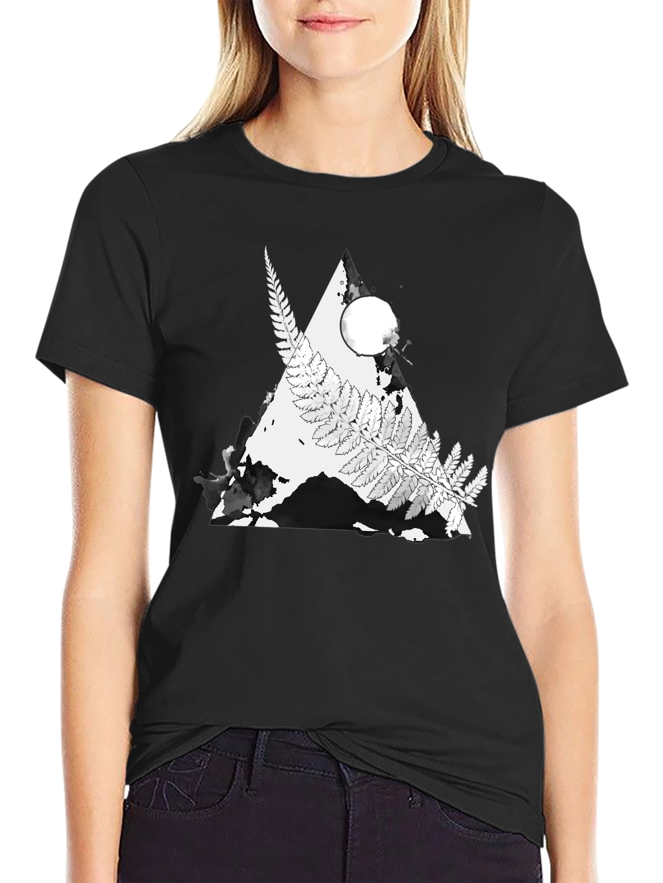 Nature Fern Triangle Graphic Tee - Black Cotton Blend