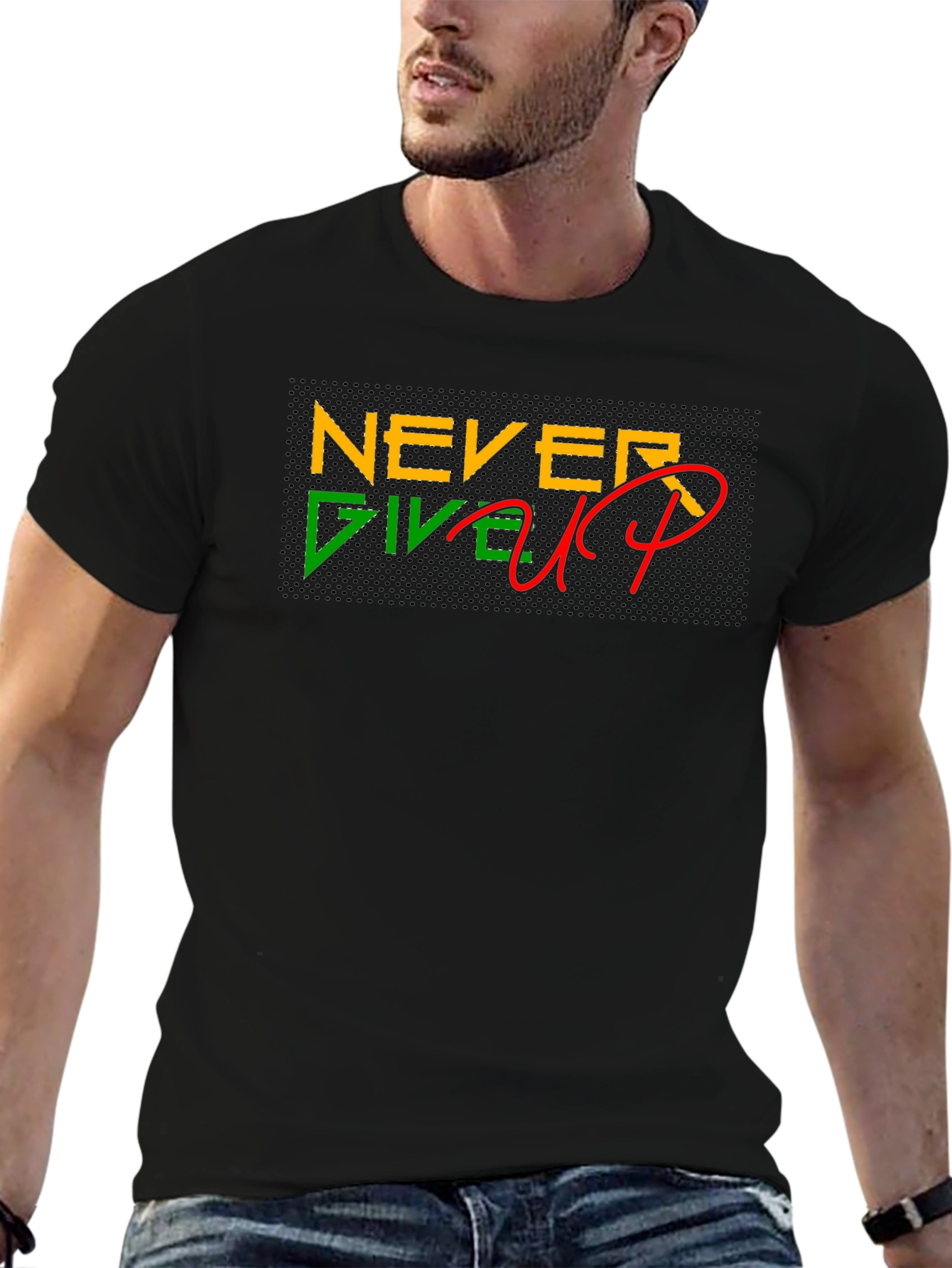 Never Give Up Graphic Tee - Black Cotton T-Shirt