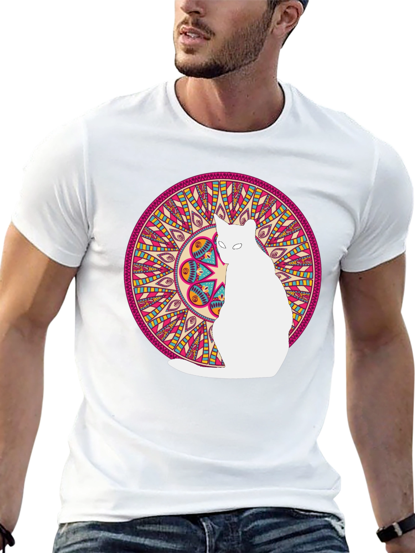 Mandala Cat Graphic Tee - Stylish Black T-Shirt