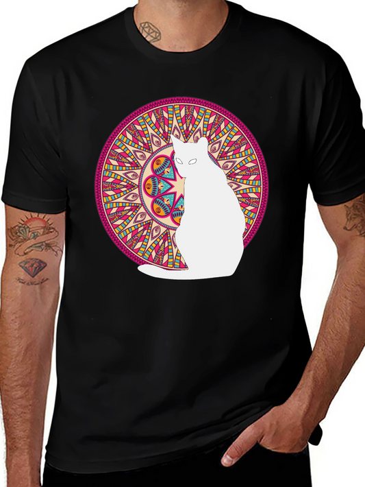 Mandala Cat Graphic Tee - Stylish Black T-Shirt