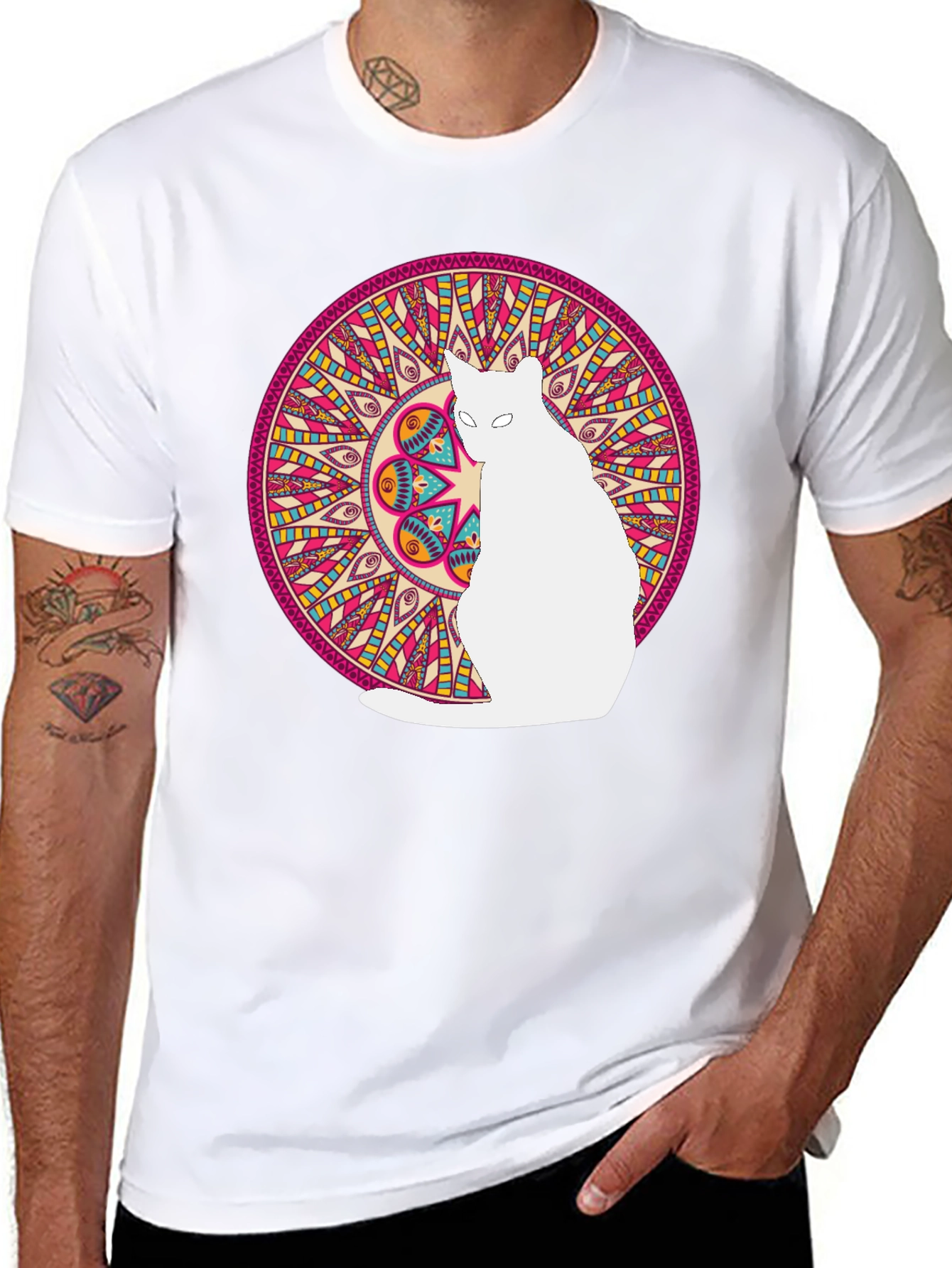 Mandala Cat Graphic Tee - Stylish Black T-Shirt