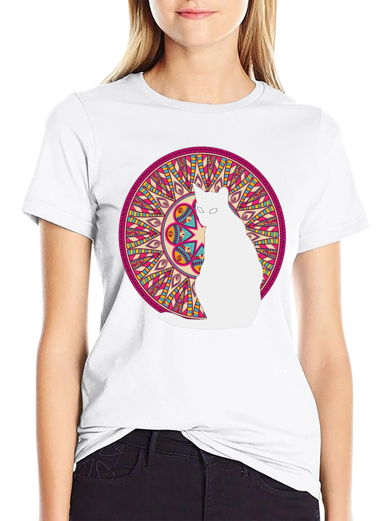Mandala Cat Graphic Tee - Stylish Black T-Shirt