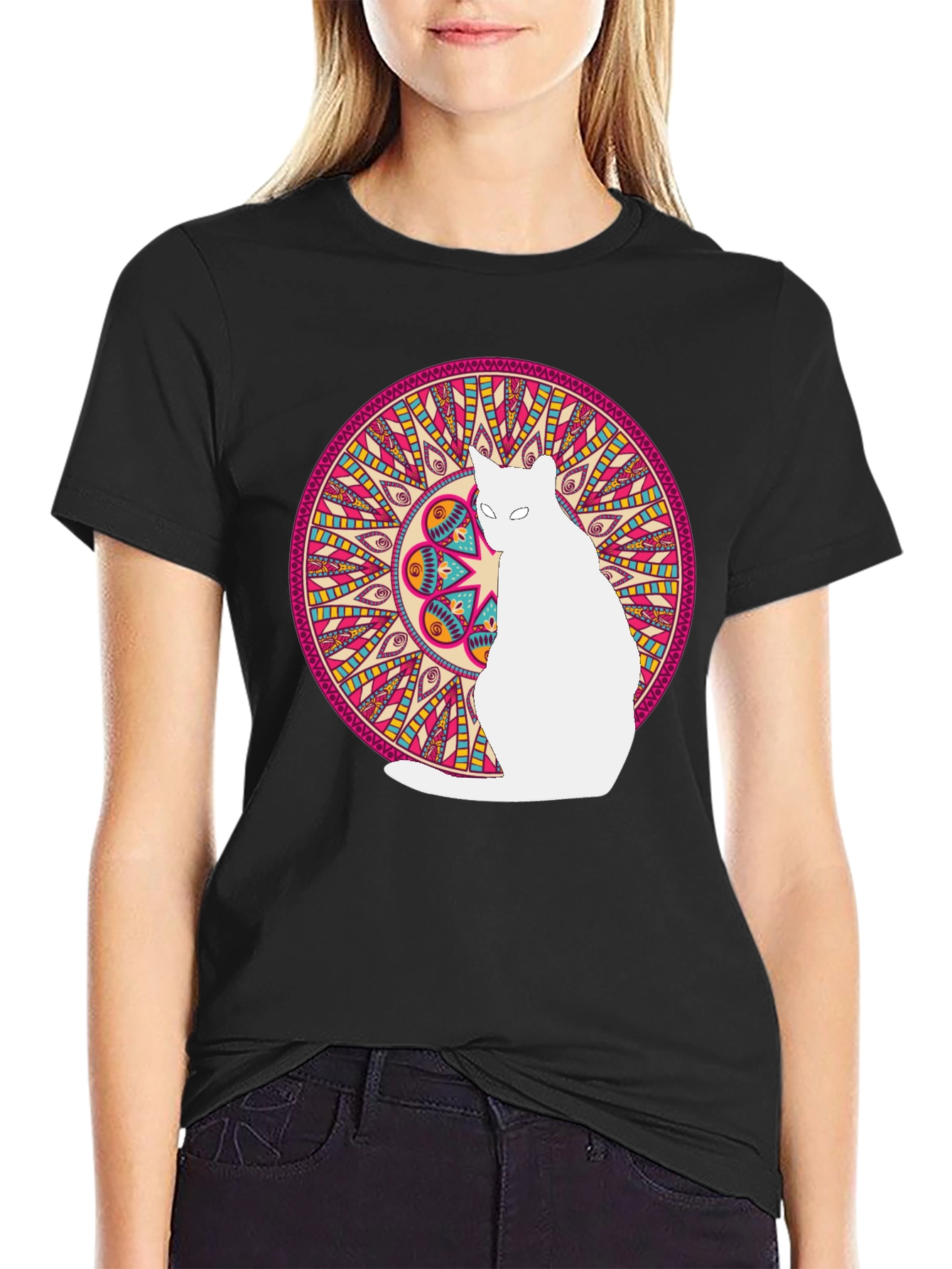 Mandala Cat Graphic Tee - Stylish Black T-Shirt