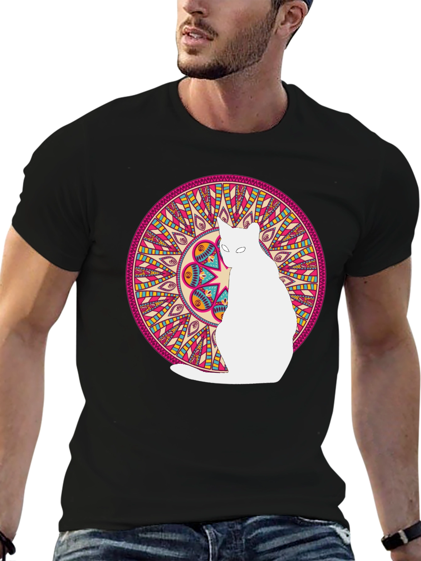 Mandala Cat Graphic Tee - Stylish Black T-Shirt