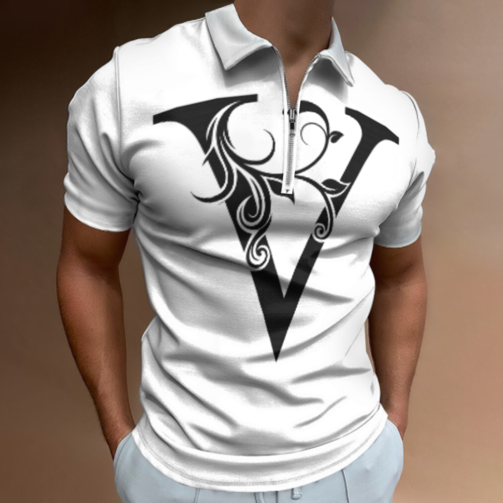Elegant Letter V Polo Shirt – Floral Monogram Graphic Zip Collar Tee for Men & Women(z164)