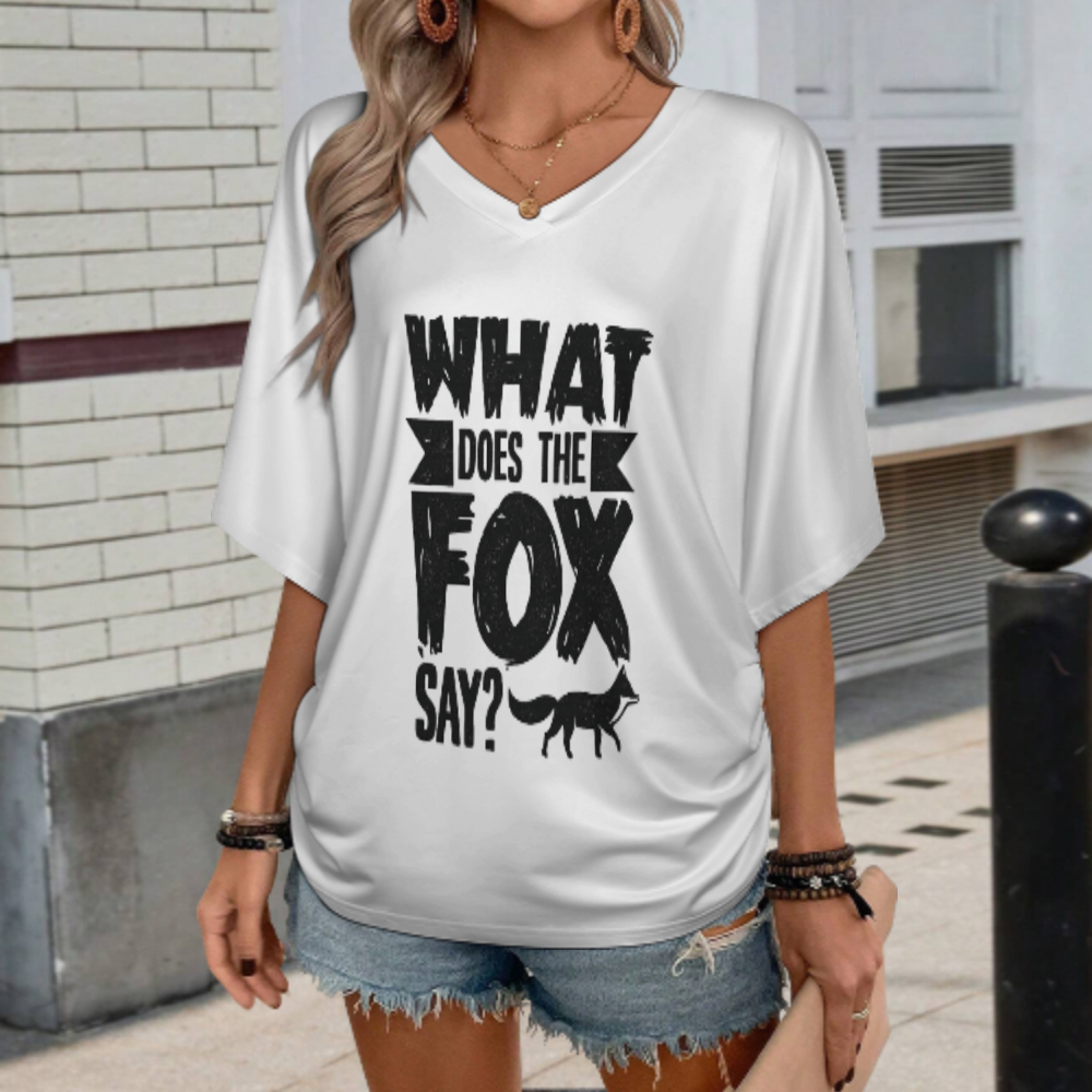 What Does The Fox Say Graphic V-Neck T-Shirt – Funny Animal Quote Casual Women’s Tee(z148)