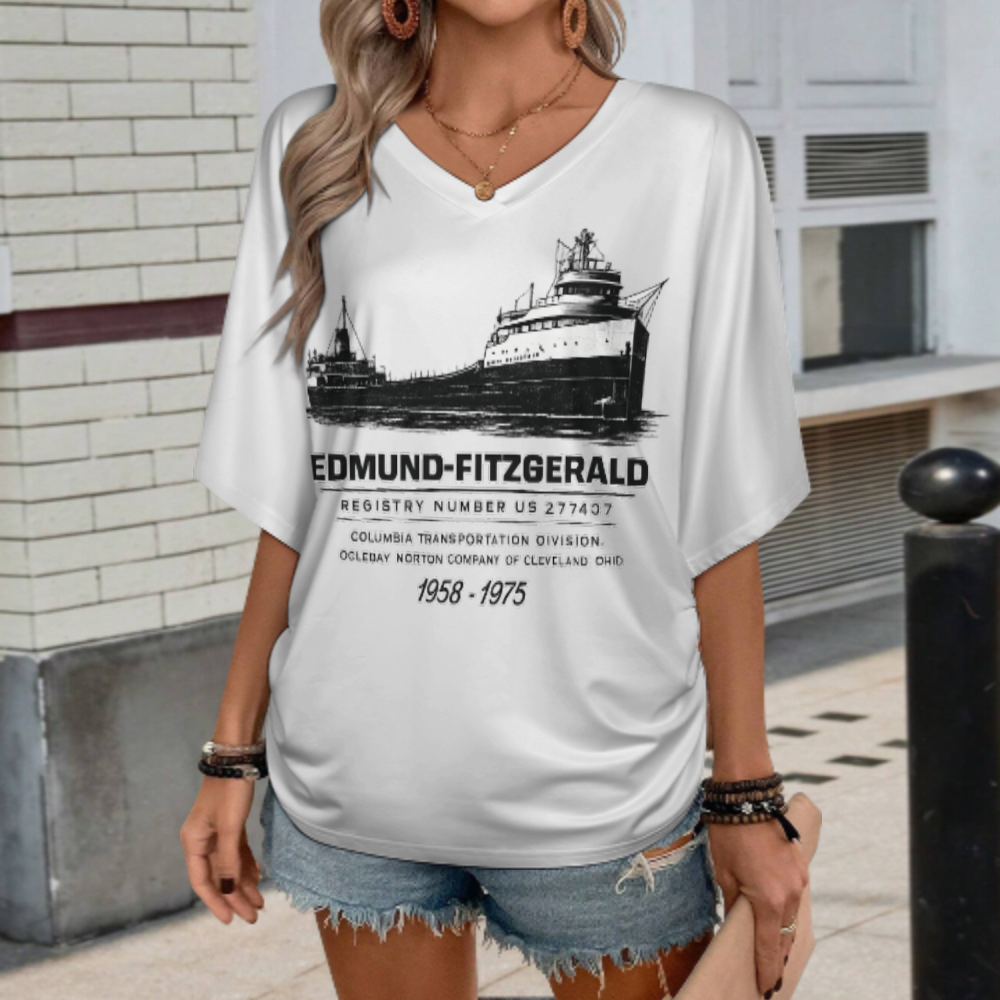 Edmund Fitzgerald Vintage Ship V-Neck T-Shirt – Great Lakes Freighter Graphic Casual Women’s Tee(z147)
