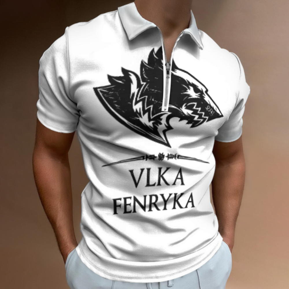 VLKA FENRYKA Viking Wolf Polo Shirt – Nordic Warrior Graphic Zip Collar Tee for Men(z162)