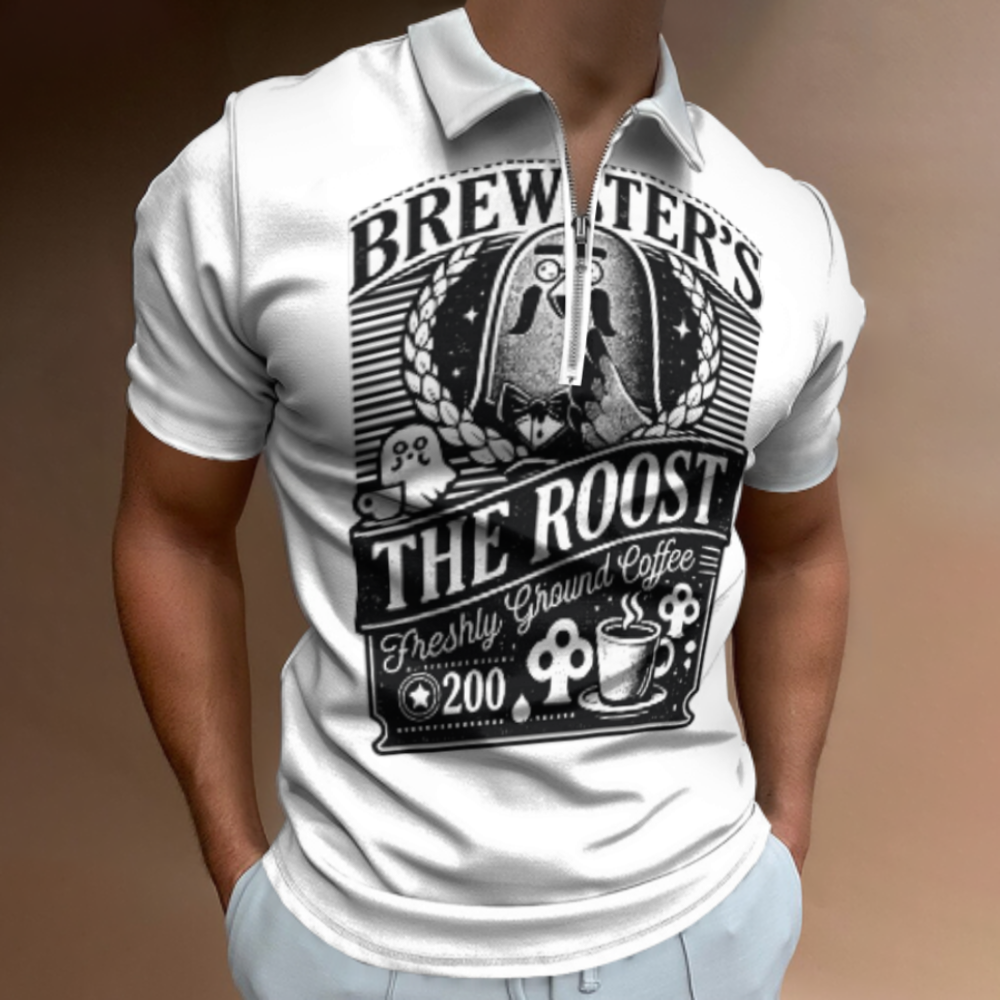 Brewster’s Roost Coffee Polo Shirt – Retro Café Graphic Zip Collar Tee for Cozy Game Lovers(z169)