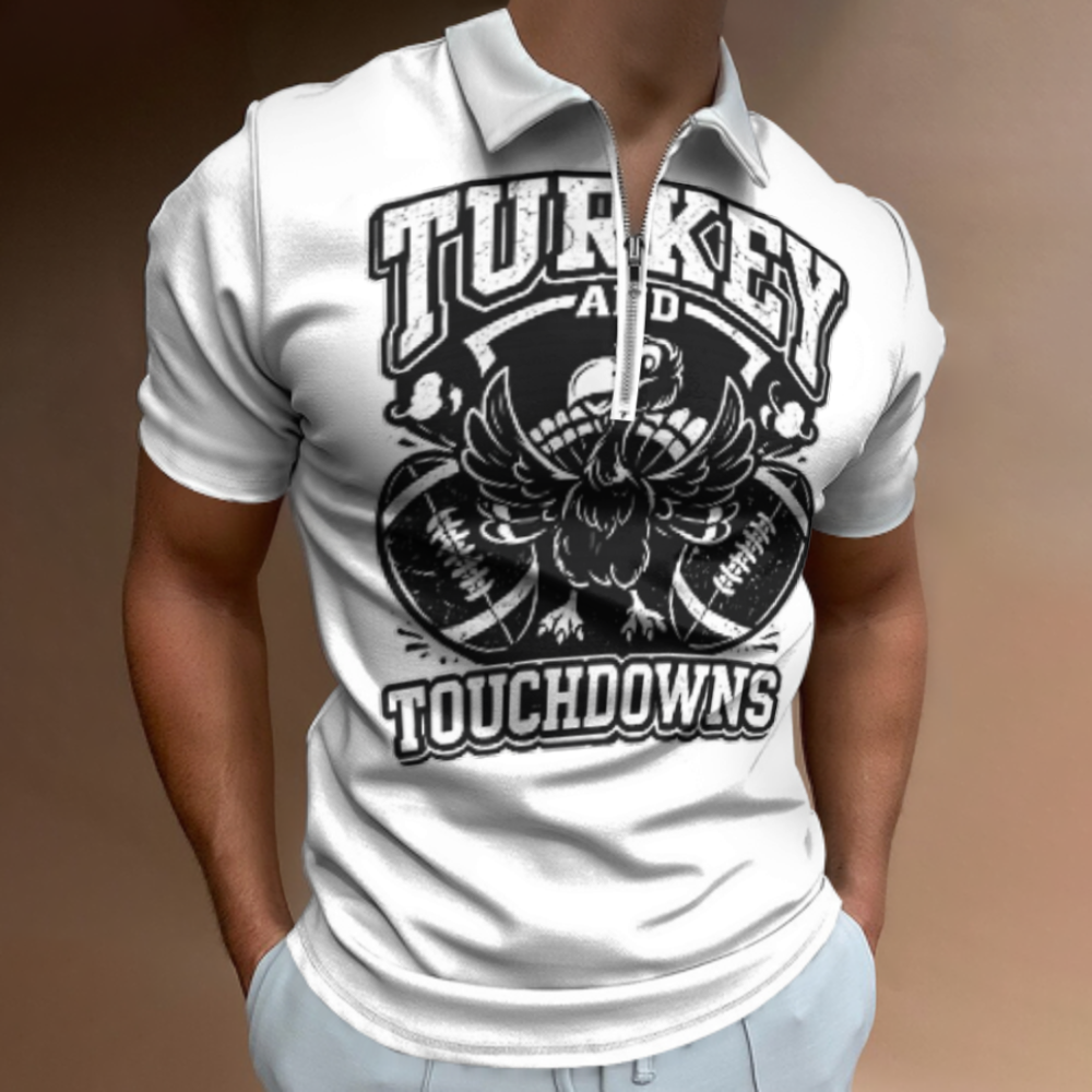 Turkey And Touchdowns Football Polo Shirt – Funny Thanksgiving Graphic Zip Tee for Men(z163)