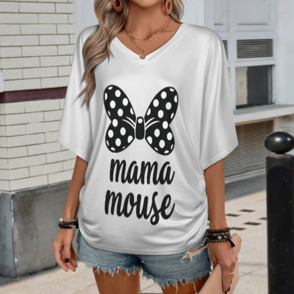 Mama Mouse Polka Dot Bow V-Neck T-Shirt – Cute Family Graphic Casual Women’s Tee(z146)
