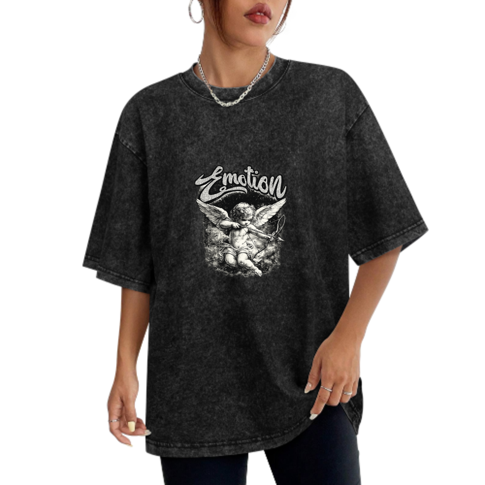 Emotion Angel Graphic Vintage Washed T-Shirt | Retro Cupid Streetwear Tee(z117)