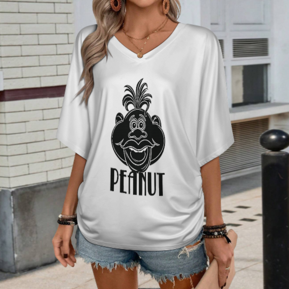Women’s Peanut Cartoon Graphic V-Neck Tee – Funny Retro Character Casual Shirt(z143)