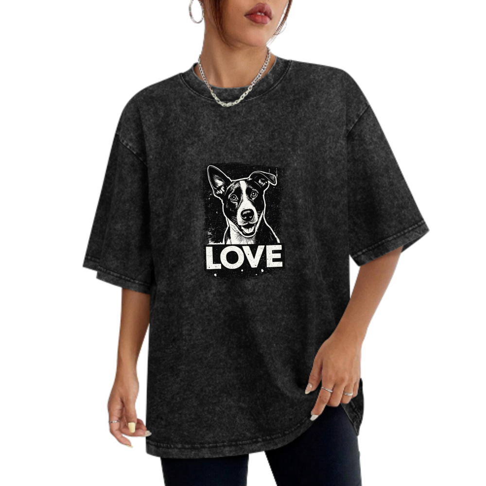 Love Dog Graphic Vintage Washed T-Shirt | Cute Pet Lover Streetwear Tee(z116)