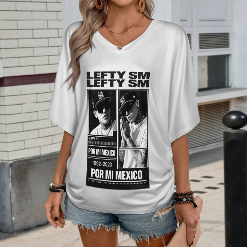 Lefty SM Por Mi Mexico Graphic V-Neck T-Shirt – Vintage Rap Tribute Casual Women’s Tee(z149)