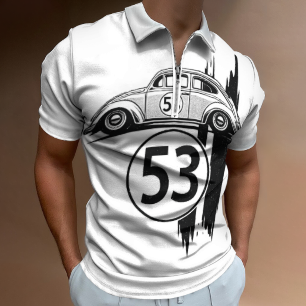 Retro 53 Beetle Graphic Polo Shirt – Classic Vintage Car Zip Collar Tee for Auto Lovers(z170)